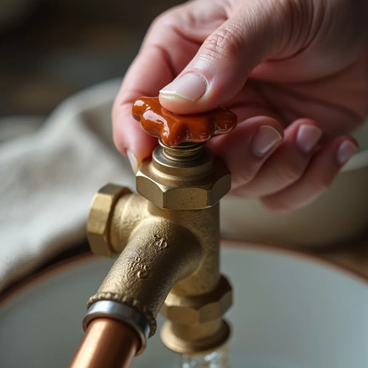 Hand turning red-handle brass ball shutoff valve to stop incoming municipal water