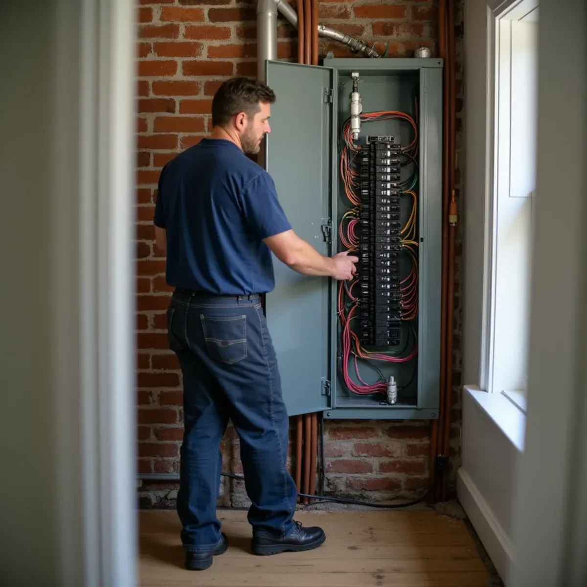 Homeowner safely switching off circuit breaker for wet basement area