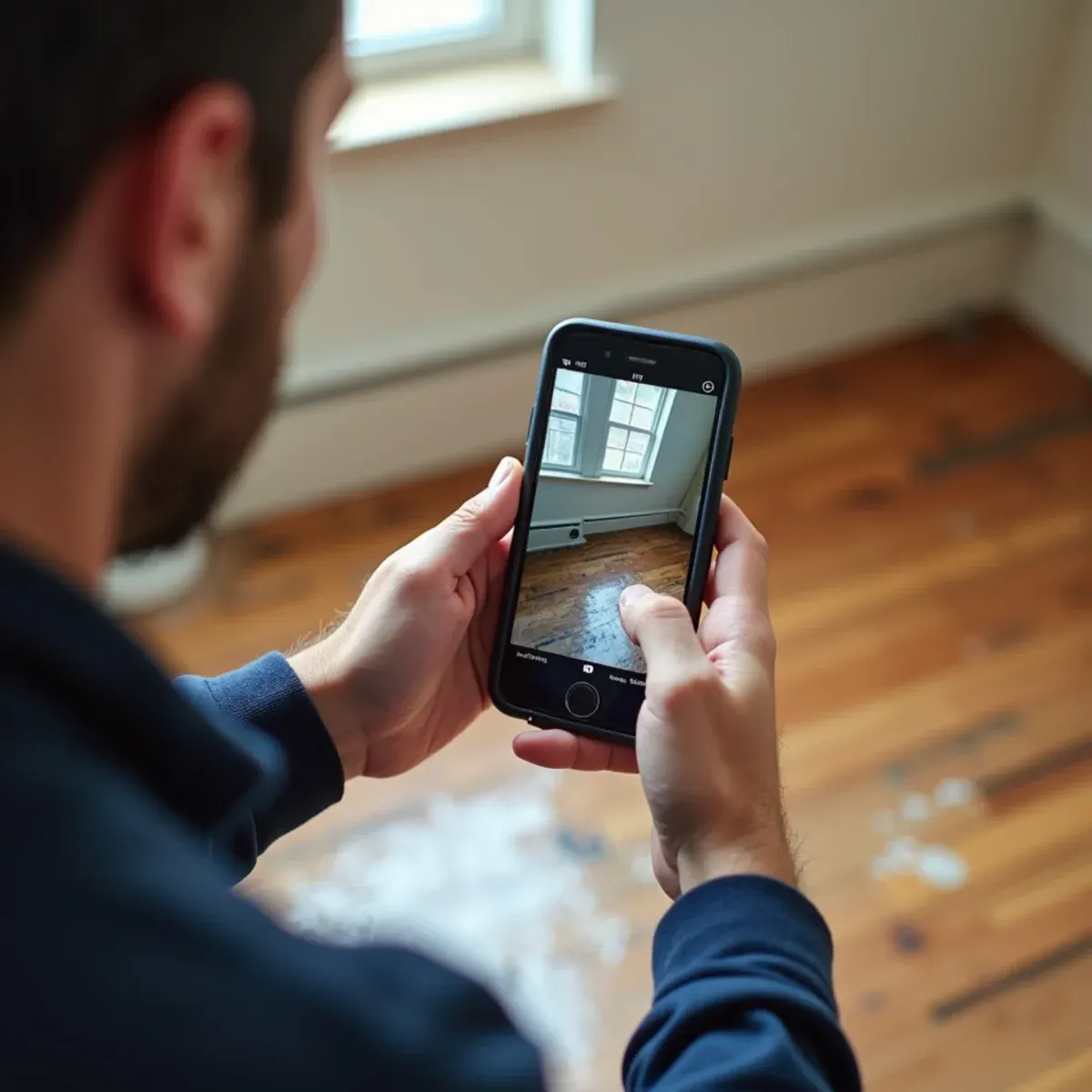 Taking detailed smartphone photos of water intrusion on floor for insurance adjuster