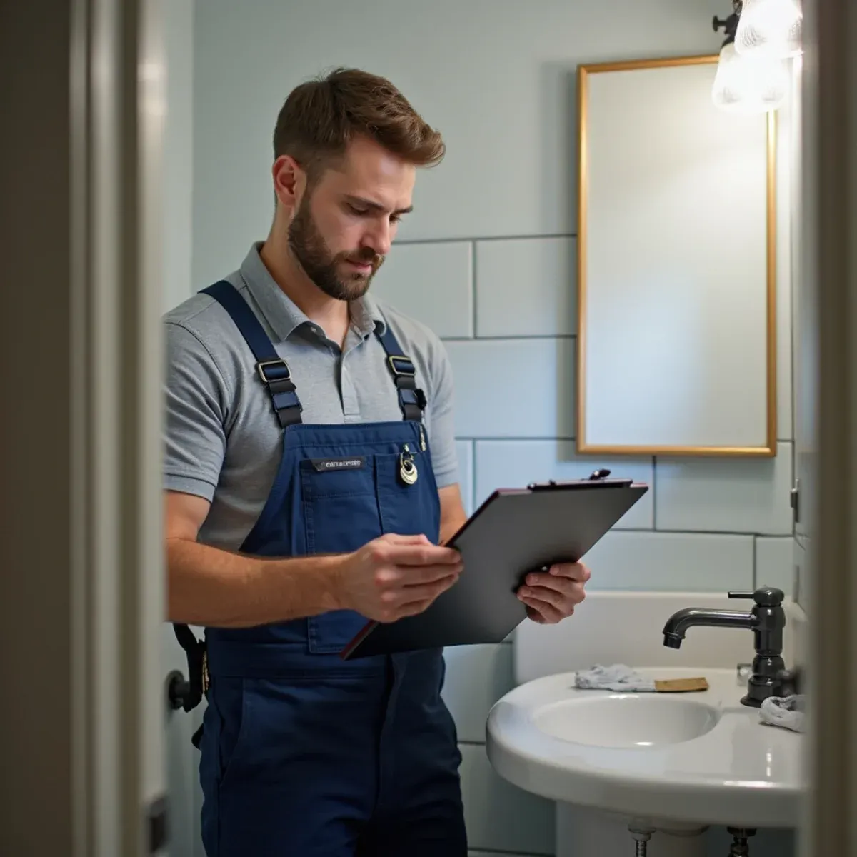 Plumber performing routine maintenance inspection on bathroom plumbing in a West Chester PA rental property