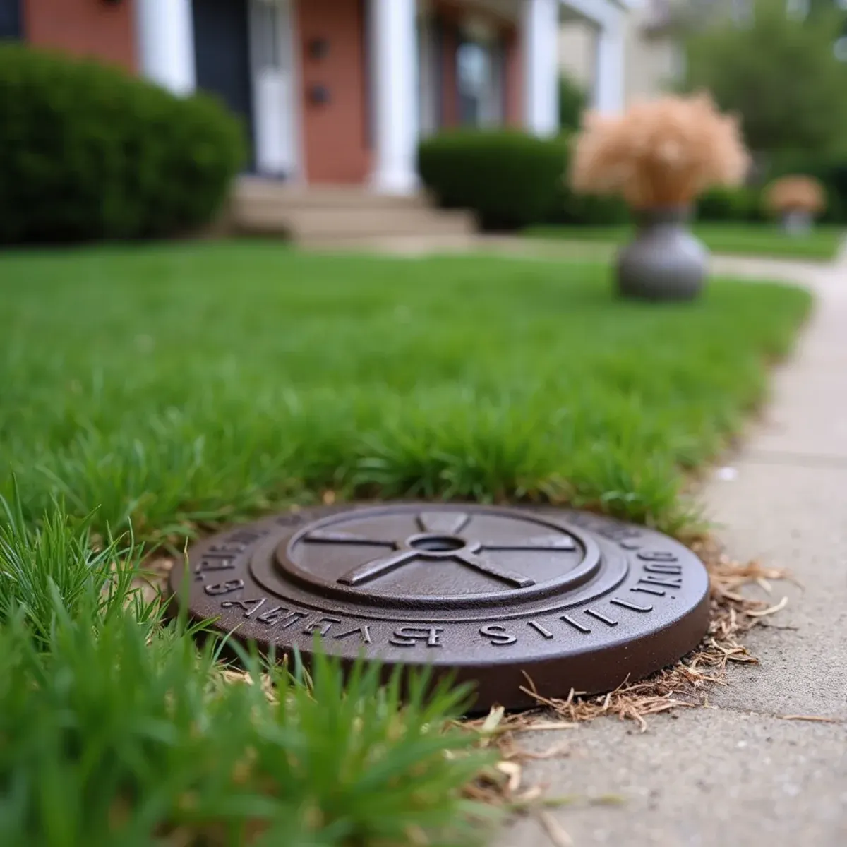 Cast iron water curb stop box in front lawn for municipal water emergency shutoff