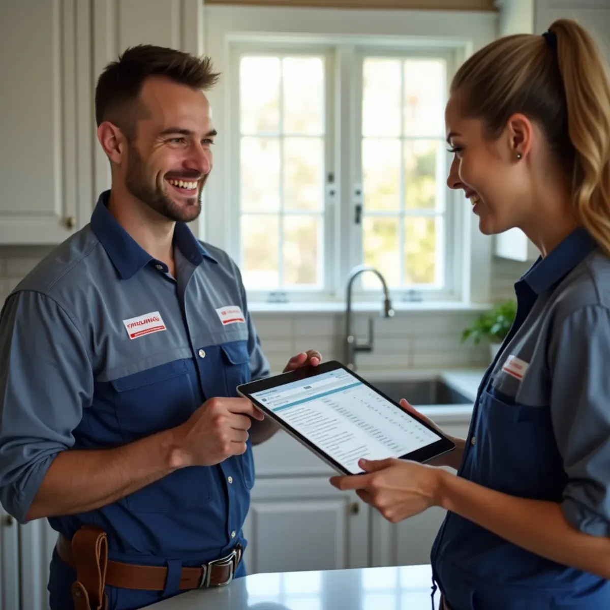 Plumbing technician reviewing a transparent written estimate on a tablet with a homeowner in West Chester PA