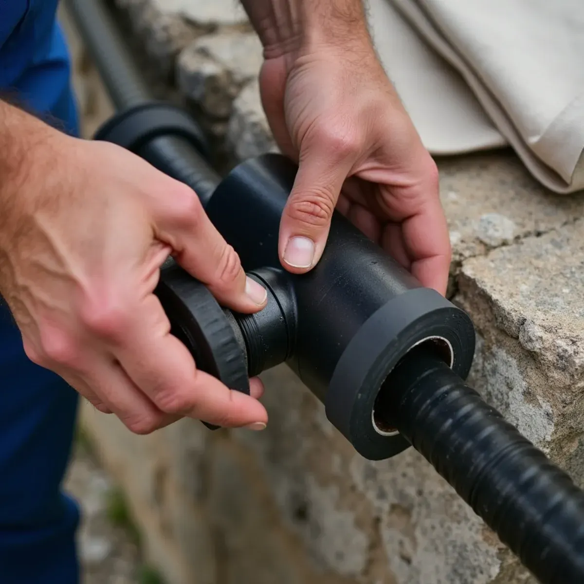 Fitting pre-slit foam insulation sleeve around exposed copper pipe near foundation