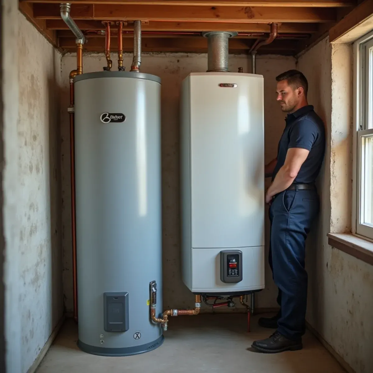 Side-by-side comparison of a traditional tank water heater and a compact wall mounted tankless unit in a clean basement