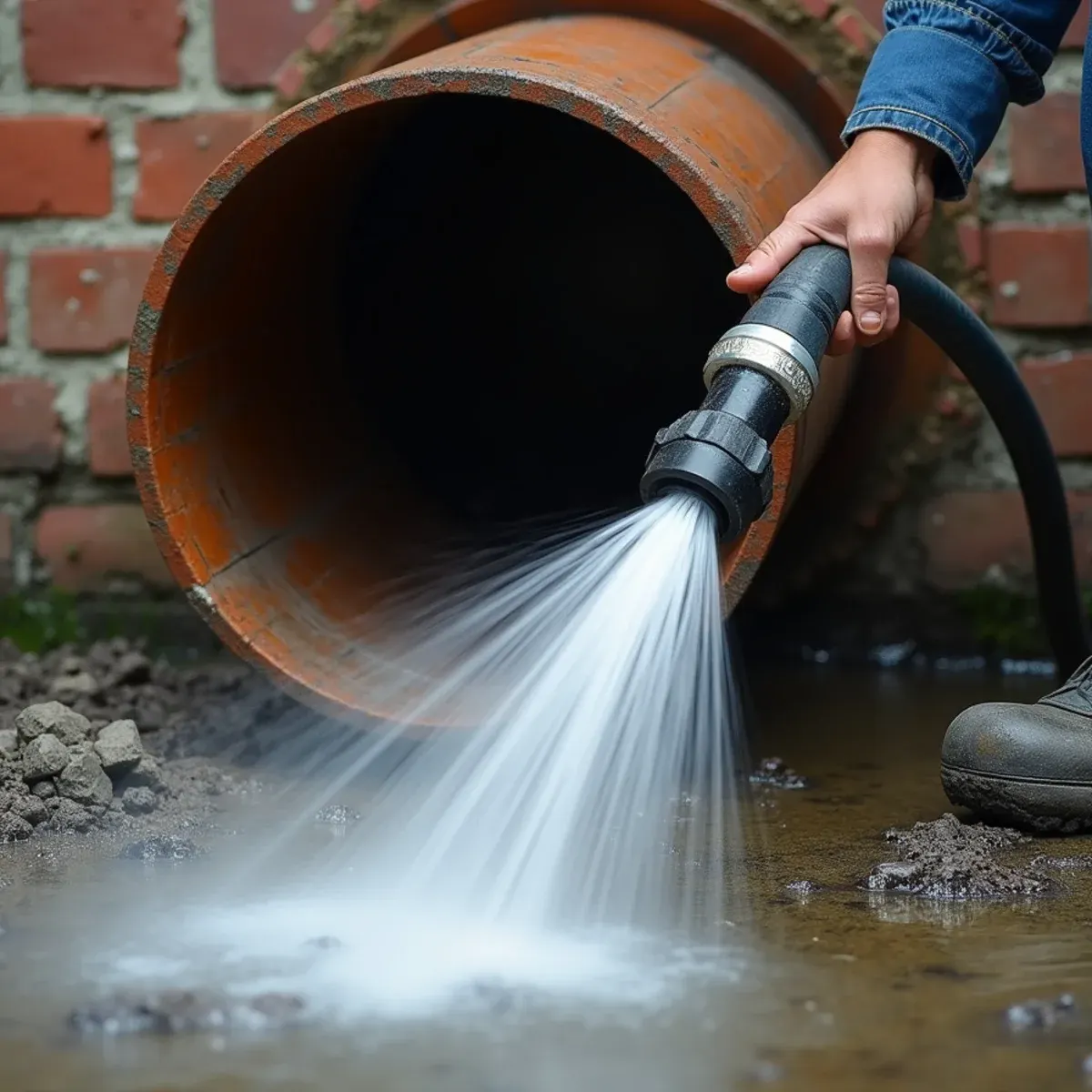 High-pressure hydro-jetter hose scouring grease and mineral scale from cleanout line