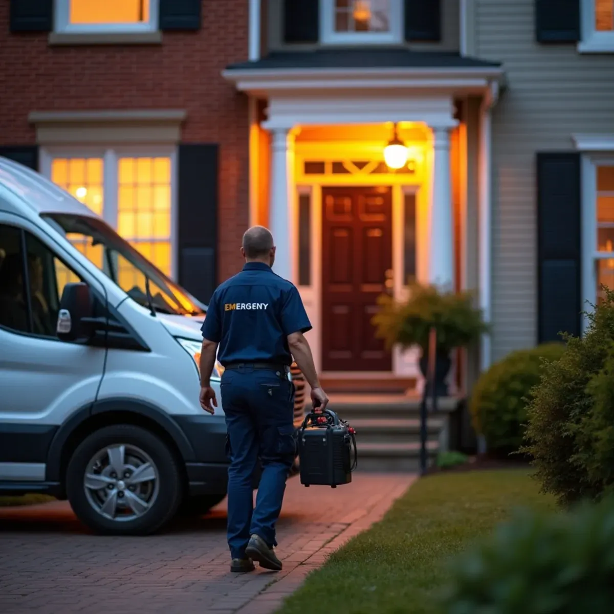 Emergency plumber arriving on scene in West Chester PA with service vehicle at night