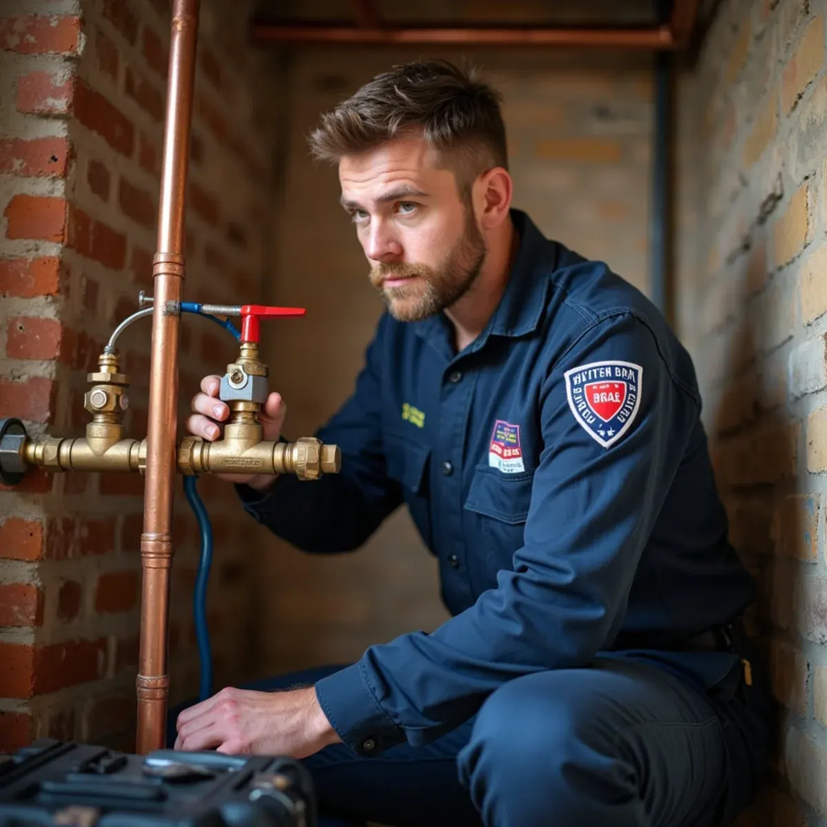 Licensed plumber inspecting copper plumbing and shutoff valves in a West Chester PA basement utility area