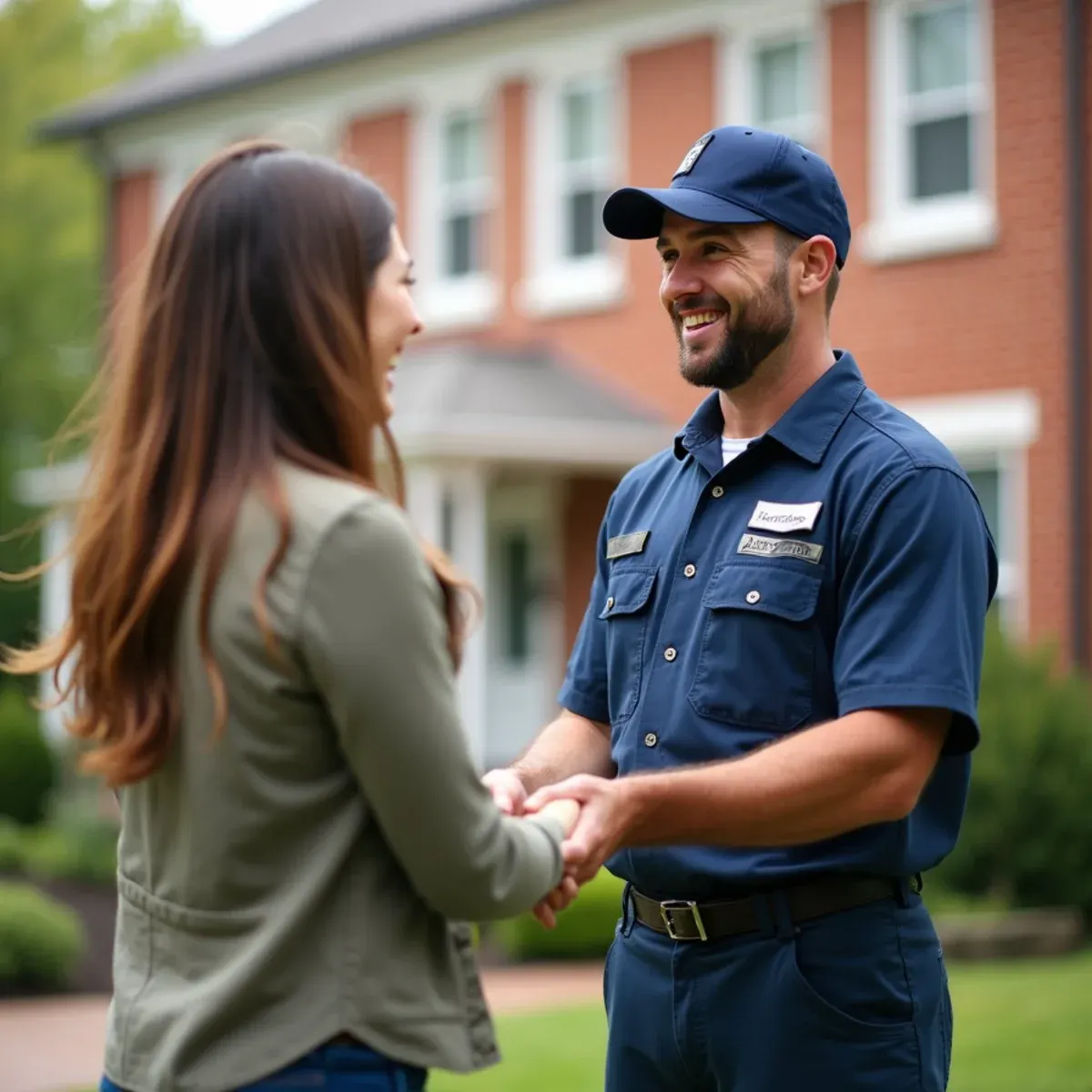Homeowner giving positive review to professional plumbing technician in West Chester PA