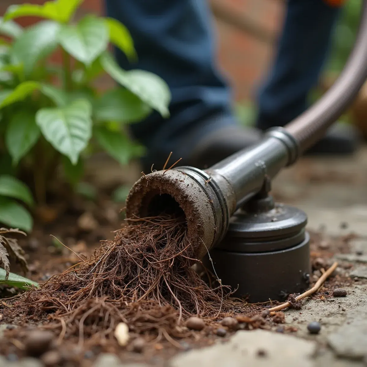 Mechanical root cutter head with extracted tree roots next to sewer lateral cleanout