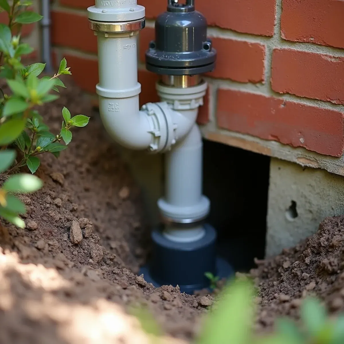 PVC sump pump discharge pipe with check valve exiting through rim joist